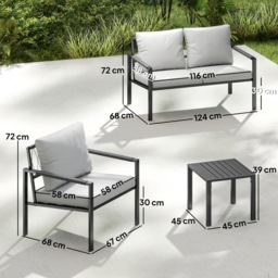 Outsunny 5 Piece Metal Garden Furniture Sofa Set with Thickened Cushions, Loveseat, 2 Armchairs, 2 Coffee Tables, Light Grey - thumbnail 3