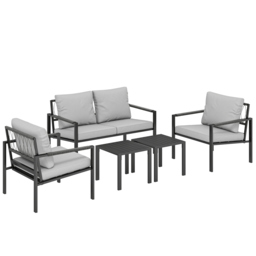 Outsunny 5 Piece Metal Garden Furniture Sofa Set with Thickened Cushions, Loveseat, 2 Armchairs, 2 Coffee Tables, Light Grey - thumbnail 1