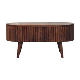 Solid Mango Wood Round Coffee Table with 2 Smooth-Gliding Drawers, Handcrafted Eco-Friendly Desk for Living Room, 45L x 85W x 38H cm, Brown - Aosom UK - thumbnail 2