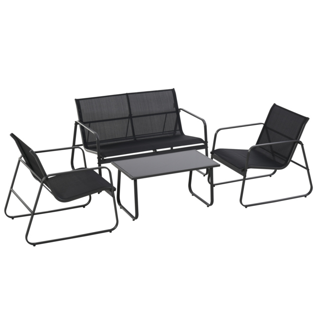 Outsunny 4 Piece Garden Furniture Set Outdoor Patio Sofa Set with Double Chair, Single Chairs and Glass Top Table for Terrace and Balcony, Black - image 1