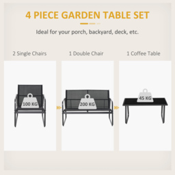 Outsunny 4 Piece Garden Furniture Set Outdoor Patio Sofa Set with Double Chair, Single Chairs and Glass Top Table for Terrace and Balcony, Black - thumbnail 4