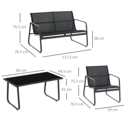 Outsunny 4 Piece Garden Furniture Set Outdoor Patio Sofa Set with Double Chair, Single Chairs and Glass Top Table for Terrace and Balcony, Black - thumbnail 3