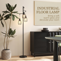 HOMCOM Industrial Floor Lights with Metal lampshades, 3-Light Floor Standing Lamp for Living Room, Bedroom, Dinging Room, Study, Black - Aosom UK - thumbnail 5