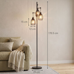 HOMCOM Industrial Floor Lights with Metal lampshades, 3-Light Floor Standing Lamp for Living Room, Bedroom, Dinging Room, Study, Black - Aosom UK - thumbnail 3