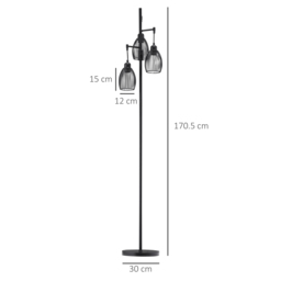 HOMCOM Industrial Floor Lights with Metal lampshades, 3-Light Floor Standing Lamp for Living Room, Bedroom, Dinging Room, Study, Black - Aosom UK - thumbnail 3