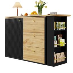 Extendable Bar Table with Pull-Out System and Snack Compartment, Kitchen Island with Drawers, Shelves, 138L x 39W x 104H cm, Black+Natural - Aosom UK - thumbnail 2