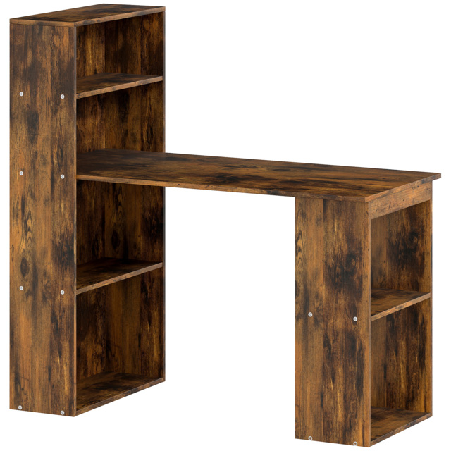 HOMCOM 120cm Computer Desk, Wooden PC Laptop Table with 6-Tier Storage Bookshelves, Home Office Working Study Desk, Writing Workstation, Rustic Brown Wood-Effect - image 1