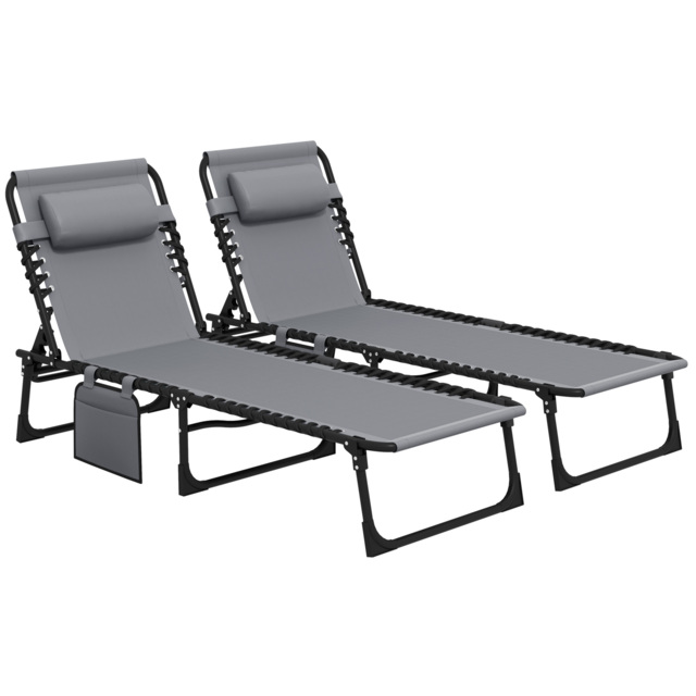 Outsunny Portable Sun Lounger Set of 2, Folding Camping Bed Cot, Reclining Lounge Chair 5-position Adjustable Backrest for Patio Beach, Grey - image 1