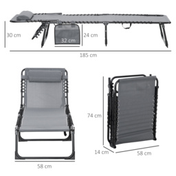 Outsunny Portable Sun Lounger Set of 2, Folding Camping Bed Cot, Reclining Lounge Chair 5-position Adjustable Backrest for Patio Beach, Grey - thumbnail 3