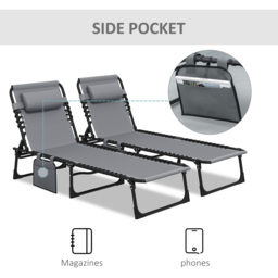 Outsunny Portable Sun Lounger Set of 2, Folding Camping Bed Cot, Reclining Lounge Chair 5-position Adjustable Backrest for Patio Beach, Grey - thumbnail 7