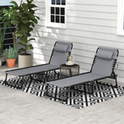 Outsunny Portable Sun Lounger Set of 2, Folding Camping Bed Cot, Reclining Lounge Chair 5-position Adjustable Backrest for Patio Beach, Grey - thumbnail 2