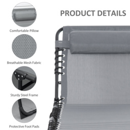 Outsunny Portable Sun Lounger Set of 2, Folding Camping Bed Cot, Reclining Lounge Chair 5-position Adjustable Backrest for Patio Beach, Grey - thumbnail 5