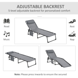 Outsunny Portable Sun Lounger Set of 2, Folding Camping Bed Cot, Reclining Lounge Chair 5-position Adjustable Backrest for Patio Beach, Grey - thumbnail 4