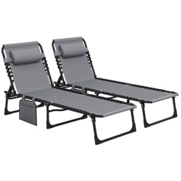 Outsunny Portable Sun Lounger Set of 2, Folding Camping Bed Cot, Reclining Lounge Chair 5-position Adjustable Backrest for Patio Beach, Grey - thumbnail 1