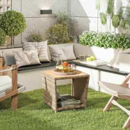 Outsunny Side Table 2-Tier Outdoor Coffee Table with Storage Shelf PS Wood Slat Top/Khaki - thumbnail 2