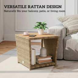 Outsunny Side Table 2-Tier Outdoor Coffee Table with Storage Shelf PS Wood Slat Top/Khaki - thumbnail 8
