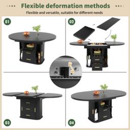 Extendable Dining Table with 3-Tier Hidden Storage and Oval Extension, Round Kitchen Table for 6 People, 118-158L x 118W x 77H cm, Black - Aosom UK - thumbnail 6