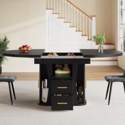 Extendable Dining Table with 3-Tier Hidden Storage and Oval Extension, Round Kitchen Table for 6 People, 118-158L x 118W x 77H cm, Black - Aosom UK - thumbnail 7