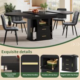 Extendable Dining Table with 3-Tier Hidden Storage and Oval Extension, Round Kitchen Table for 6 People, 118-158L x 118W x 77H cm, Black - Aosom UK - thumbnail 4