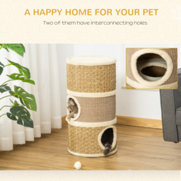 PawHut Cat Scratching Barrel Kitten Tree Tower Pet Furniture Climbing Frame Covered with Sisal and Seaweed Rope Cozy Platform Soft Plush - Aosom UK - thumbnail 4