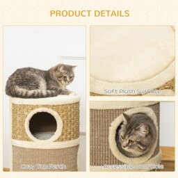 PawHut Cat Scratching Barrel Kitten Tree Tower Pet Furniture Climbing Frame Covered with Sisal and Seaweed Rope Cozy Platform Soft Plush - Aosom UK - thumbnail 5