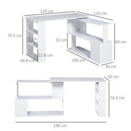 HOMCOM Corner Computer Desk, L Shaped Desk with 360° Rotating Bookshelf, 120L x 110W x 74.5H cm, White - thumbnail 3