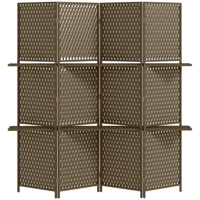HOMCOM 4-Panel Room Dividers with Shelves, Wave Fibre Freestanding Folding Privacy Screen Panels, Partition Wall Divider Brown - Aosom UK - image 1