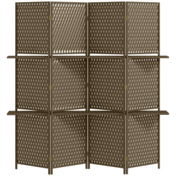 HOMCOM 4-Panel Room Dividers with Shelves, Wave Fibre Freestanding Folding Privacy Screen Panels, Partition Wall Divider Brown - Aosom UK - thumbnail 1
