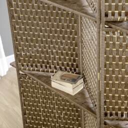 HOMCOM 4-Panel Room Dividers with Shelves, Wave Fibre Freestanding Folding Privacy Screen Panels, Partition Wall Divider Brown - Aosom UK - thumbnail 9