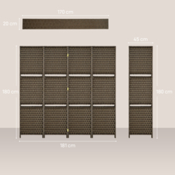 HOMCOM 4-Panel Room Dividers with Shelves, Wave Fibre Freestanding Folding Privacy Screen Panels, Partition Wall Divider Brown - Aosom UK - thumbnail 3