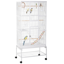 PawHut 3 Tier Bird Cage with Stand, Wheels, Toys, Ladders, for Canaries, Finches, Cockatiels, Parakeets, Budgie Cage with Accessories - White - thumbnail 1