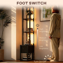 HOMCOM Floor Lamp with Shelves, LED Column Modern Standing Lamp with Fabric Drawer, Adjustable Brightness, Foot Switch for Living Room, Bedroom, Office, Black - thumbnail 6