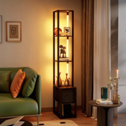 HOMCOM Floor Lamp with Shelves, LED Column Modern Standing Lamp with Fabric Drawer, Adjustable Brightness, Foot Switch for Living Room, Bedroom, Office, Black - thumbnail 7
