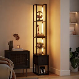 HOMCOM Floor Lamp with Shelves, LED Column Modern Standing Lamp with Fabric Drawer, Adjustable Brightness, Foot Switch for Living Room, Bedroom, Office, Black - thumbnail 2