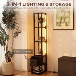 HOMCOM Floor Lamp with Shelves, LED Column Modern Standing Lamp with Fabric Drawer, Adjustable Brightness, Foot Switch for Living Room, Bedroom, Office, Black - thumbnail 4