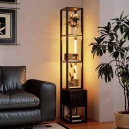 HOMCOM Floor Lamp with Shelves, LED Column Modern Standing Lamp with Fabric Drawer, Adjustable Brightness, Foot Switch for Living Room, Bedroom, Office, Black - thumbnail 8