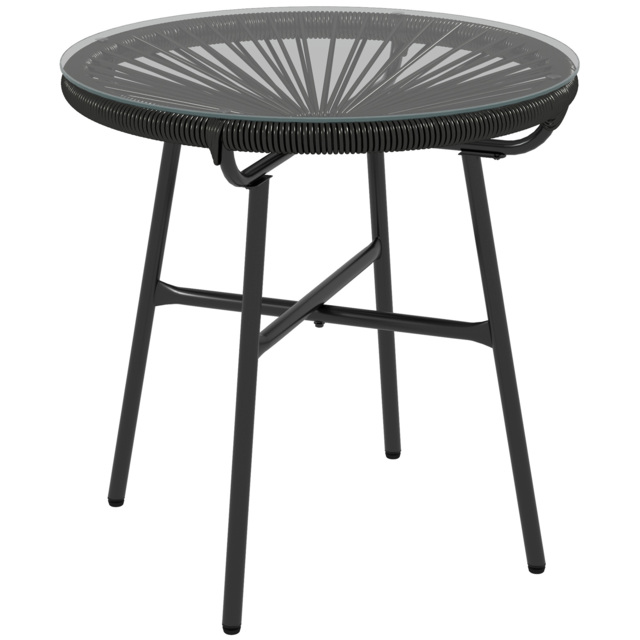 Outsunny Rattan Side Table, Round Outdoor Coffee Table, with Round PE Rattan and Tempered Glass Table Top for Patio, Garden, Balcony, Black - image 1