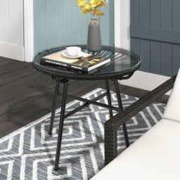 Outsunny Rattan Side Table, Round Outdoor Coffee Table, with Round PE Rattan and Tempered Glass Table Top for Patio, Garden, Balcony, Black - thumbnail 2