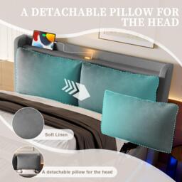 Modern Upholstered Bed with Headboard Shelf and Dual USB‑C Ports, Double Bed with LED Lighting, 142.5L x 200W x 114H cm, Dark Gray - Aosom UK - thumbnail 9