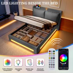 Modern Upholstered Bed with Headboard Shelf and Dual USB‑C Ports, Double Bed with LED Lighting, 142.5L x 200W x 114H cm, Dark Gray - Aosom UK - thumbnail 6