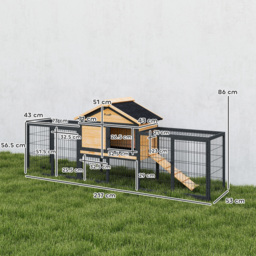 PawHut Wooden Rabbit Hutch Outdoor with Steel Run, Wooden Guinea Pig Cage with Removable Plastic Tray, Asphalt Roof, Ramp - thumbnail 3