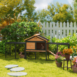 PawHut Wooden Rabbit Hutch Outdoor with Steel Run, Wooden Guinea Pig Cage with Removable Plastic Tray, Asphalt Roof, Ramp - thumbnail 8