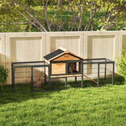 PawHut Wooden Rabbit Hutch Outdoor with Steel Run, Wooden Guinea Pig Cage with Removable Plastic Tray, Asphalt Roof, Ramp - thumbnail 2