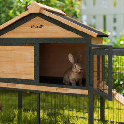 PawHut Wooden Rabbit Hutch Outdoor with Steel Run, Wooden Guinea Pig Cage with Removable Plastic Tray, Asphalt Roof, Ramp - thumbnail 9