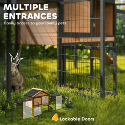 PawHut Wooden Rabbit Hutch Outdoor with Steel Run, Wooden Guinea Pig Cage with Removable Plastic Tray, Asphalt Roof, Ramp - thumbnail 6