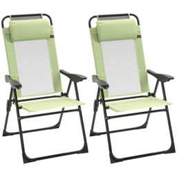 Outsunny Set of 2 Portable Folding Recliner Metal Outdoor Patio Chaise Lounge Chairs with Adjustable Backrest, Green - thumbnail 1