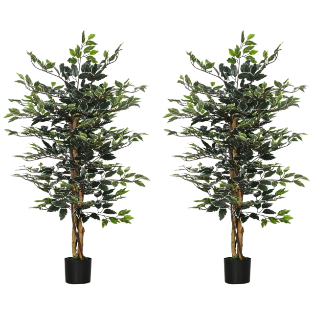 HOMCOM Set of 2 Artificial Ficus Trees, 130cm Tall with Realistic Leaves & Natural Trunks, Indoor/Outdoor Decor, Green - Aosom UK - image 1
