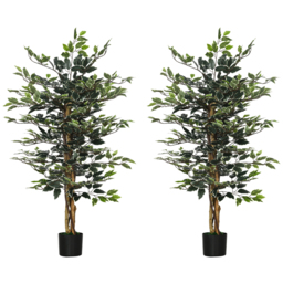 HOMCOM Set of 2 Artificial Ficus Trees, 130cm Tall with Realistic Leaves & Natural Trunks, Indoor/Outdoor Decor, Green - Aosom UK - thumbnail 1