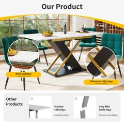 6–8 Seats Extendable Dining Table with Marble-Effect MDF Top, Kitchen Table with Metal Slide Rails, 120-160L x 80W x 75.5H cm, Black+Golden - Aosom UK - thumbnail 5