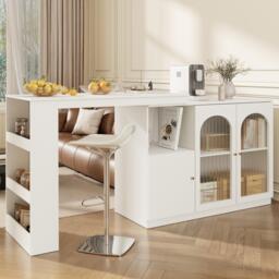 360° Rotating Kitchen Bar Table with Glass Doors, Metal Handles, Multifunctional Cabinet with Open Shelves, 120L x 120W x 97H cm, White - Aosom.UK - thumbnail 8